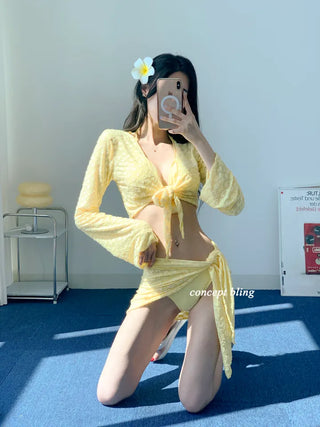 color pink yellow piece bikini with 4pcs cardigan wrap skirt included cover-up butterfly body cover belly cover swimsuit