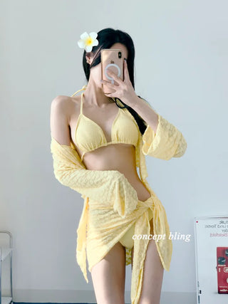 color pink yellow piece bikini with 4pcs cardigan wrap skirt included cover-up butterfly body cover belly cover swimsuit