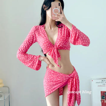 color pink yellow piece bikini with 4pcs cardigan wrap skirt included cover-up butterfly body cover belly cover swimsuit