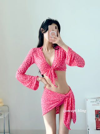 color pink yellow piece bikini with 4pcs cardigan wrap skirt included cover-up butterfly body cover belly cover swimsuit