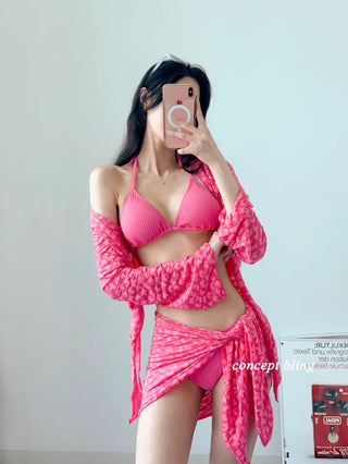 color pink yellow piece bikini with 4pcs cardigan wrap skirt included cover-up butterfly body cover belly cover swimsuit