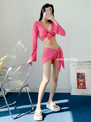 color pink yellow piece bikini with 4pcs cardigan wrap skirt included cover-up butterfly body cover belly cover swimsuit