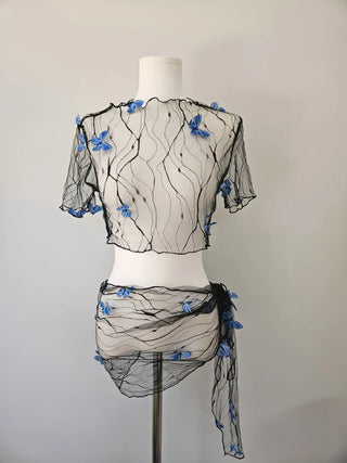 Unique Blue Butterfly Bikini piece Swimsuit with Wrap Skirt and Cover-up Top