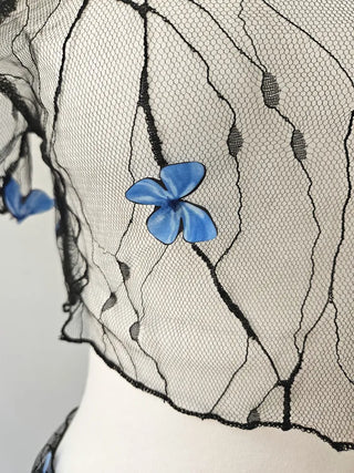 Unique Blue Butterfly Bikini piece Swimsuit with Wrap Skirt and Cover-up Top