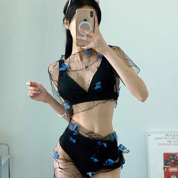 Unique Blue Butterfly Bikini piece Swimsuit with Wrap Skirt and Cover-up Top