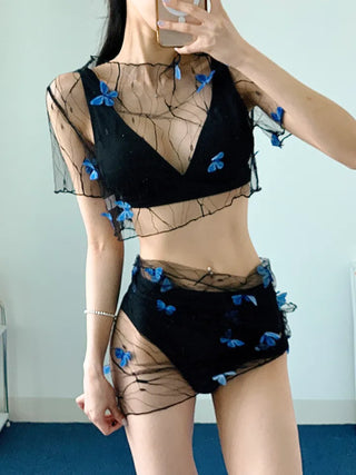 Unique Blue Butterfly Bikini piece Swimsuit with Wrap Skirt and Cover-up Top