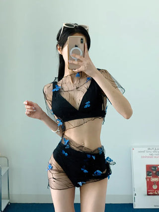 Unique Blue Butterfly Bikini piece Swimsuit with Wrap Skirt and Cover-up Top