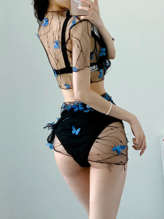 Unique Blue Butterfly Bikini piece Swimsuit with Wrap Skirt and Cover-up Top