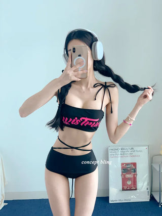 color black and pink fluorescent lettering bikini strap string ribbon festival look pool villa swimsuit