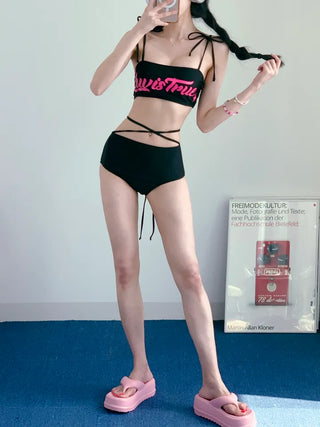 color black and pink fluorescent lettering bikini strap string ribbon festival look pool villa swimsuit