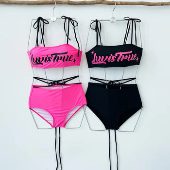 color black and pink fluorescent lettering bikini strap string ribbon festival look pool villa swimsuit