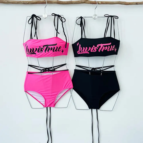 color black and pink fluorescent lettering bikini strap string ribbon festival look pool villa swimsuit