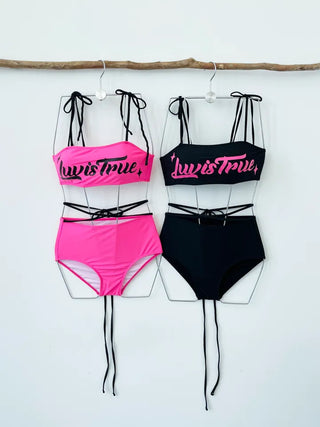 color black and pink fluorescent lettering bikini strap string ribbon festival look pool villa swimsuit