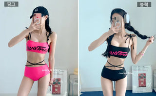 color black and pink fluorescent lettering bikini strap string ribbon festival look pool villa swimsuit