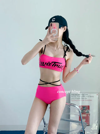 color black and pink fluorescent lettering bikini strap string ribbon festival look pool villa swimsuit