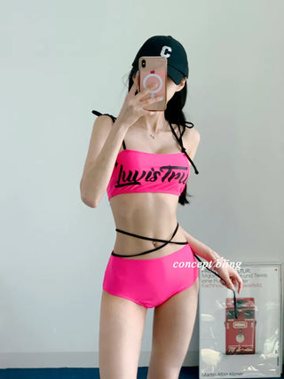 color black and pink fluorescent lettering bikini strap string ribbon festival look pool villa swimsuit
