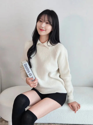 color collared ribbed knit winter daily ivory butter yellow knit sweater