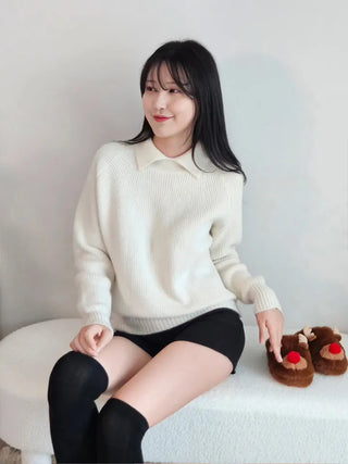 color collared ribbed knit winter daily ivory butter yellow knit sweater