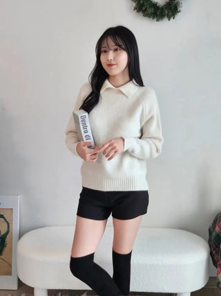 color collared ribbed knit winter daily ivory butter yellow knit sweater