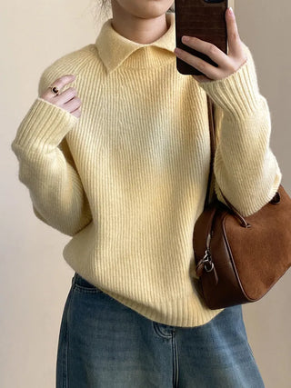 color collared ribbed knit winter daily ivory butter yellow knit sweater