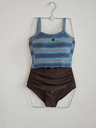 Blue Striped Crop Knit Gradient High-Waist Bikini Swimsuit Set