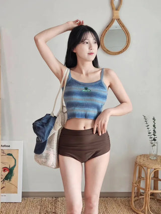 Blue Striped Crop Knit Gradient High-Waist Bikini Swimsuit Set