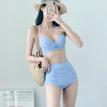 Blue Striped Wire Bikini High-Waist Halter Neck Resort Look Vacation Look