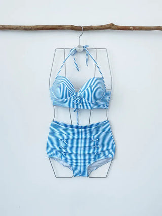 Blue Striped Wire Bikini High-Waist Halter Neck Resort Look Vacation Look