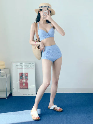 Blue Striped Wire Bikini High-Waist Halter Neck Resort Look Vacation Look