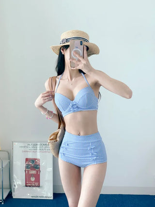 Blue Striped Wire Bikini High-Waist Halter Neck Resort Look Vacation Look