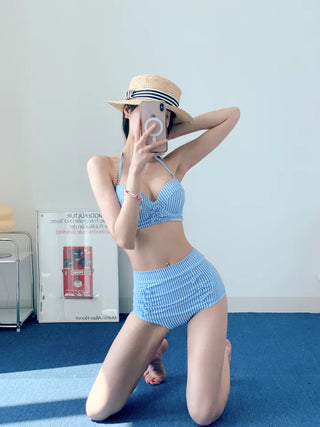 Blue Striped Wire Bikini High-Waist Halter Neck Resort Look Vacation Look