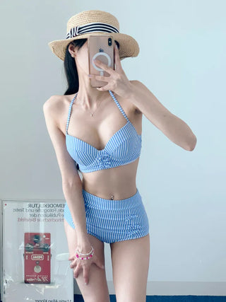 Blue Striped Wire Bikini High-Waist Halter Neck Resort Look Vacation Look