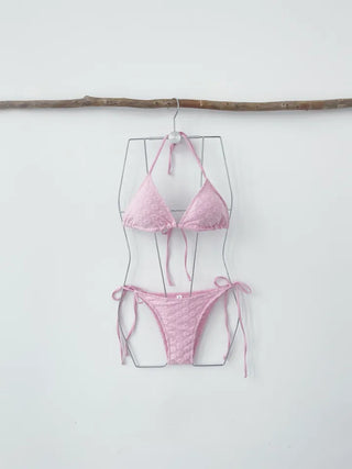 Flutter Flutter Flower Pink Three-Piece Bikini 3pcs Halter Neck Swimsuit