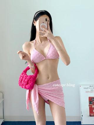 Flutter Flutter Flower Pink Three-Piece Bikini 3pcs Halter Neck Swimsuit