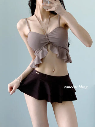 High-quality brown two-tone frill bikini halter neck resort look vacation swimsuit