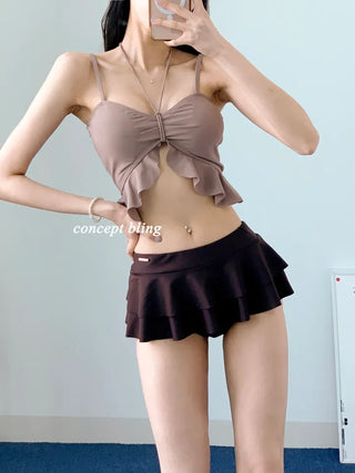 High-quality brown two-tone frill bikini halter neck resort look vacation swimsuit