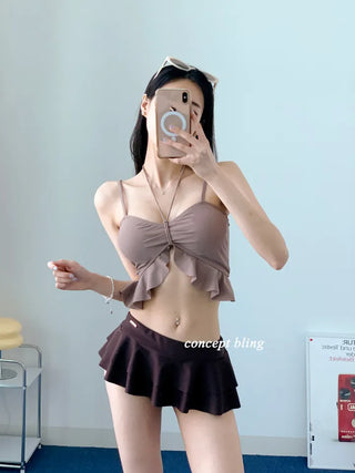 High-quality brown two-tone frill bikini halter neck resort look vacation swimsuit