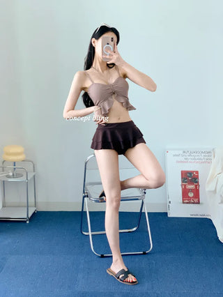 High-quality brown two-tone frill bikini halter neck resort look vacation swimsuit