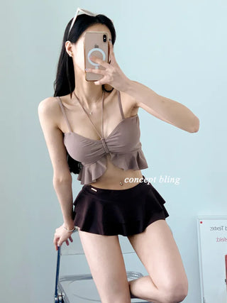 High-quality brown two-tone frill bikini halter neck resort look vacation swimsuit