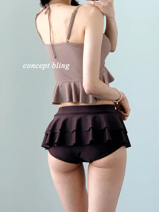 High-quality brown two-tone frill bikini halter neck resort look vacation swimsuit