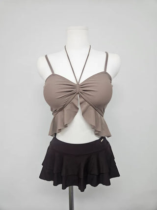 High-quality brown two-tone frill bikini halter neck resort look vacation swimsuit