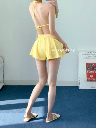 Yellow Pants Bikini Three-Piece 3pcs Vacation Pool Party Halter Neck Swimsuit