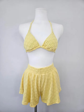 Yellow Pants Bikini Three-Piece 3pcs Vacation Pool Party Halter Neck Swimsuit