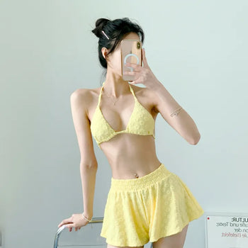 Yellow Pants Bikini Three-Piece 3pcs Vacation Pool Party Halter Neck Swimsuit