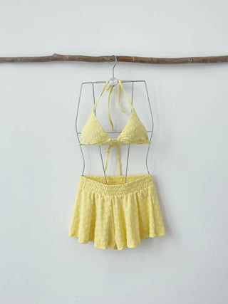 Yellow Pants Bikini Three-Piece 3pcs Vacation Pool Party Halter Neck Swimsuit