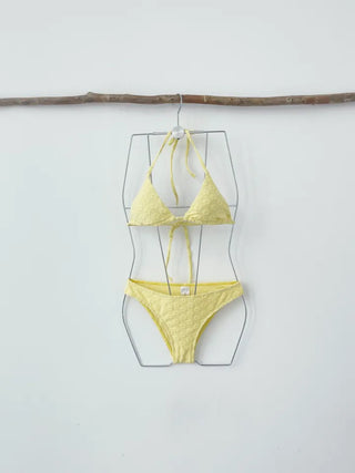 Yellow Pants Bikini Three-Piece 3pcs Vacation Pool Party Halter Neck Swimsuit