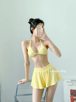 Yellow Pants Bikini Three-Piece 3pcs Vacation Pool Party Halter Neck Swimsuit