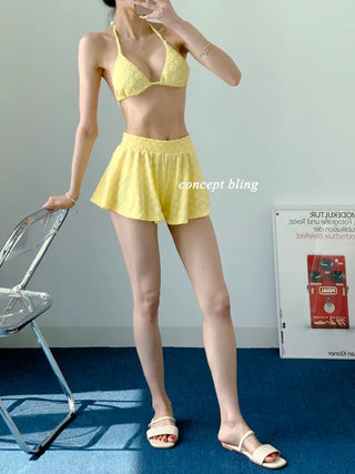 Yellow Pants Bikini Three-Piece 3pcs Vacation Pool Party Halter Neck Swimsuit