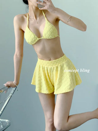 Yellow Pants Bikini Three-Piece 3pcs Vacation Pool Party Halter Neck Swimsuit