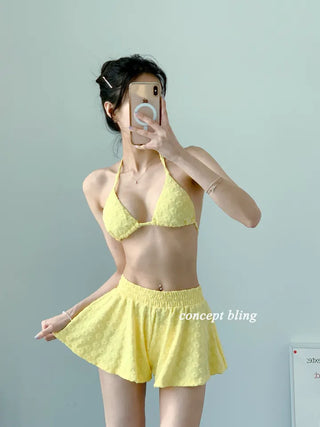 Yellow Pants Bikini Three-Piece 3pcs Vacation Pool Party Halter Neck Swimsuit